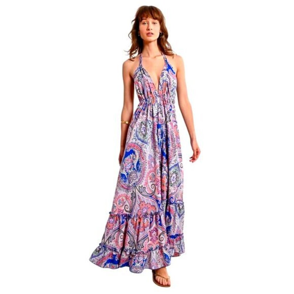 Molly Bracken Ladies Woven Long Backless Dress Multicolor Paisley XL Ruffle Hem
